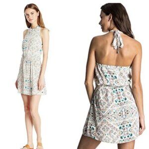 ROXY Really Unique Halter Dress Size Small White Floral Smocked Blouson Pull On